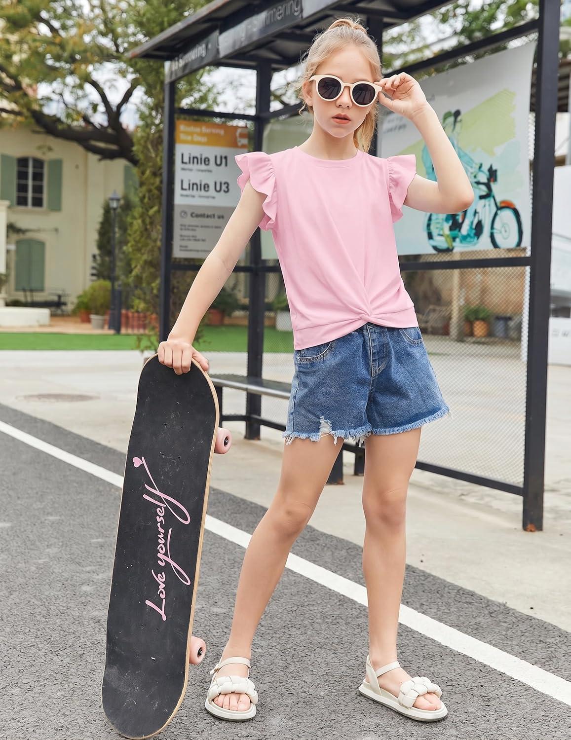 image:imageArshiner Girls Shirt ShortSleeve Twist Front TShirt for Girls with Cute Flying Sleeves Summer Blouse Tunic Tee TopsPink
