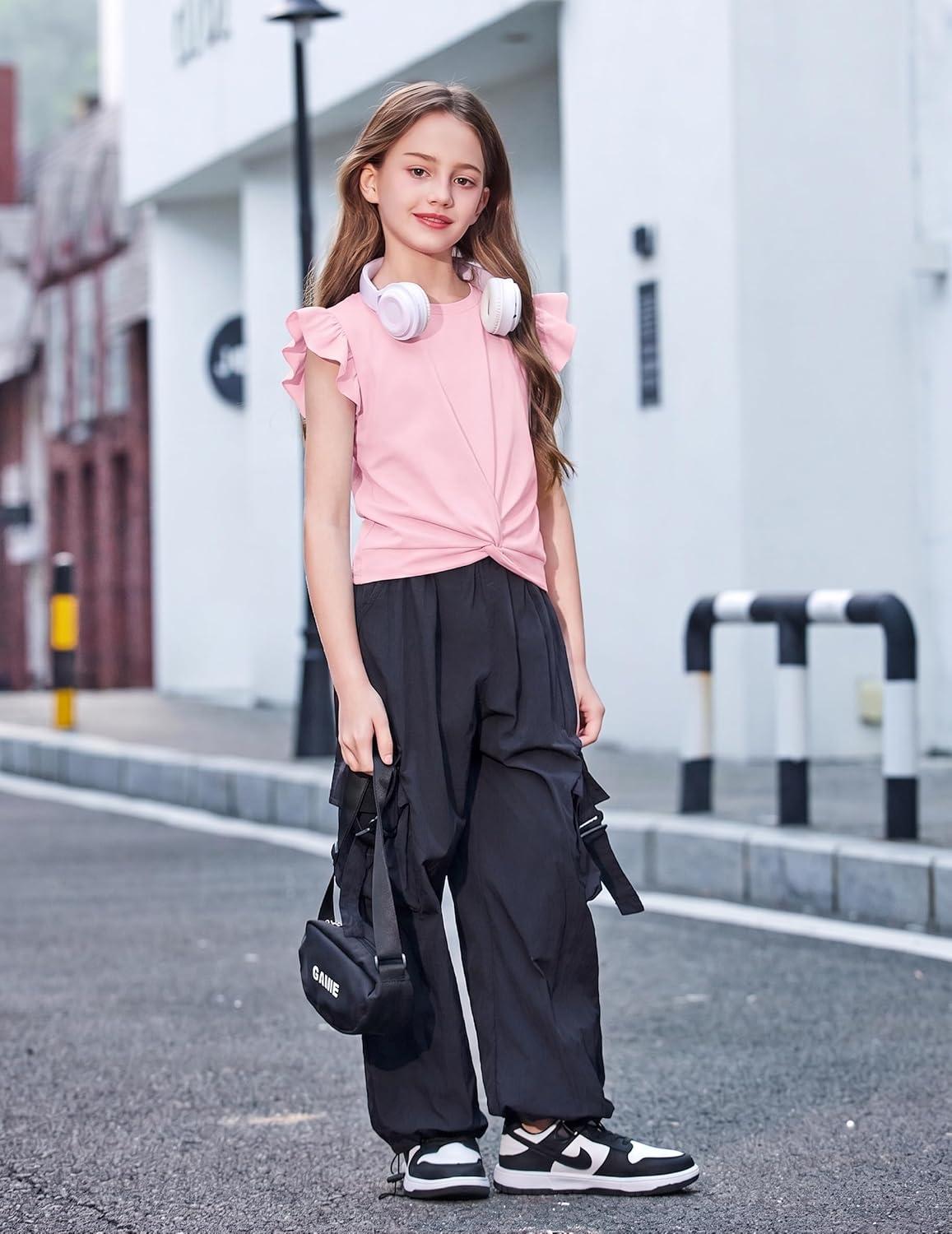 image:imageArshiner Girls Shirt ShortSleeve Twist Front TShirt for Girls with Cute Flying Sleeves Summer Blouse Tunic Tee TopsPink