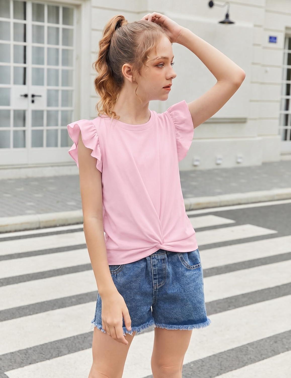 image:imageArshiner Girls Shirt ShortSleeve Twist Front TShirt for Girls with Cute Flying Sleeves Summer Blouse Tunic Tee TopsPink