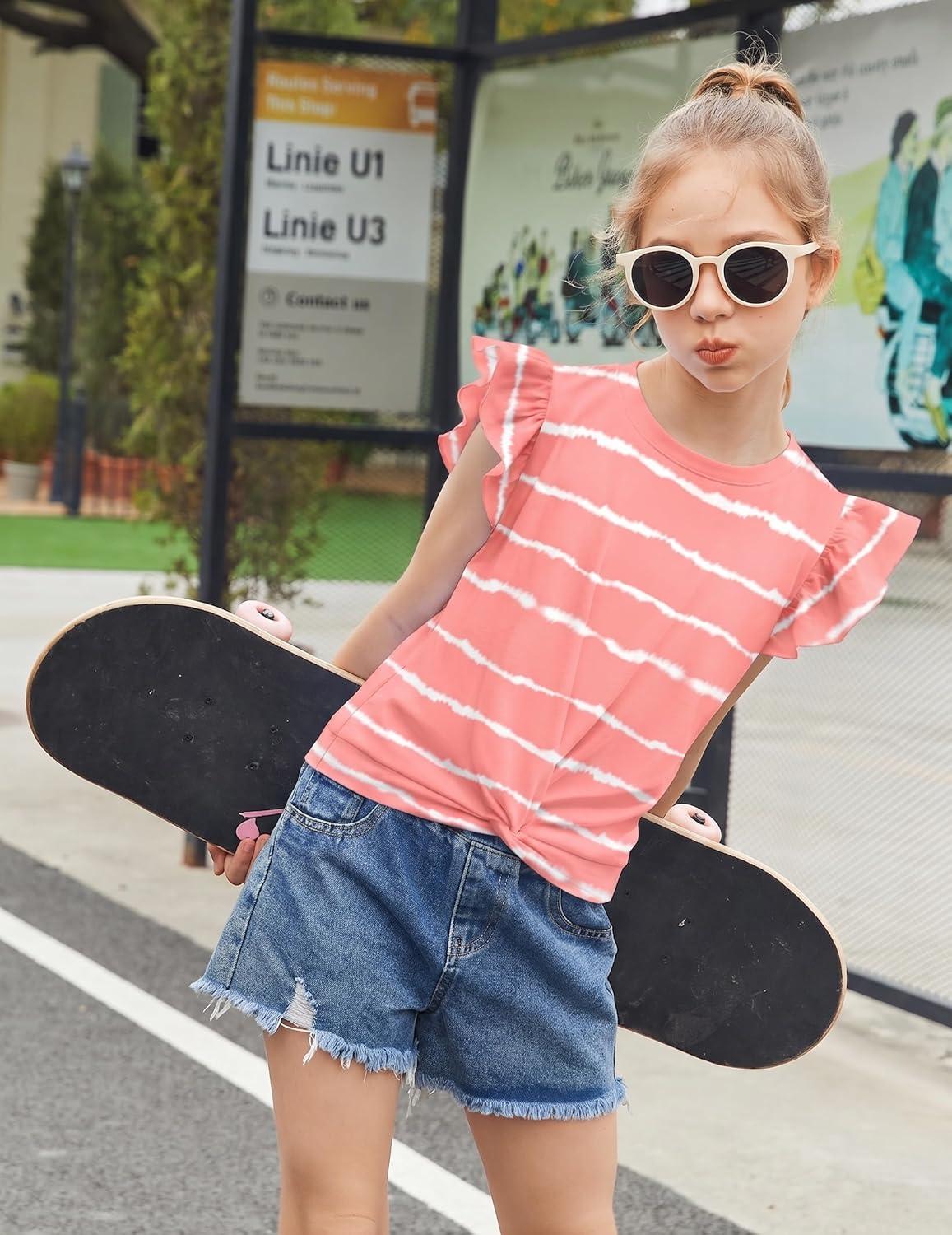 image:imageArshiner Girls Shirt ShortSleeve Twist Front TShirt for Girls with Cute Flying Sleeves Summer Blouse Tunic Tee TopsStripepinkwhite
