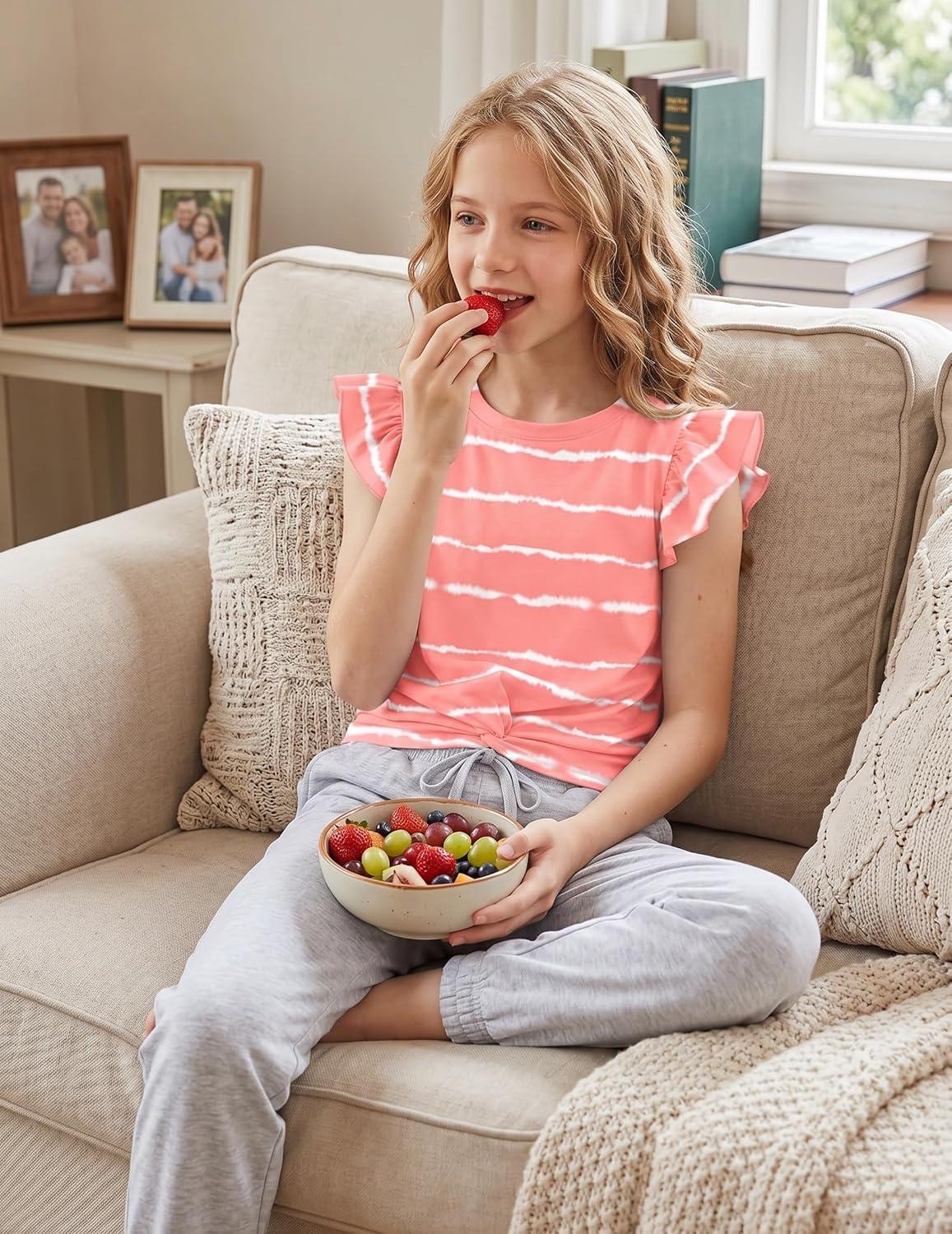 image:imageArshiner Girls Shirt ShortSleeve Twist Front TShirt for Girls with Cute Flying Sleeves Summer Blouse Tunic Tee TopsStripepinkwhite