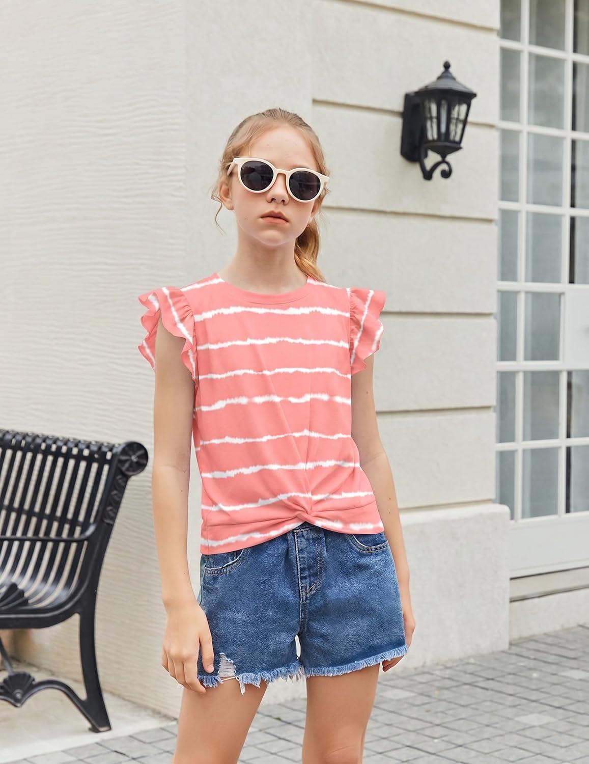 image:imageArshiner Girls Shirt ShortSleeve Twist Front TShirt for Girls with Cute Flying Sleeves Summer Blouse Tunic Tee TopsStripepinkwhite