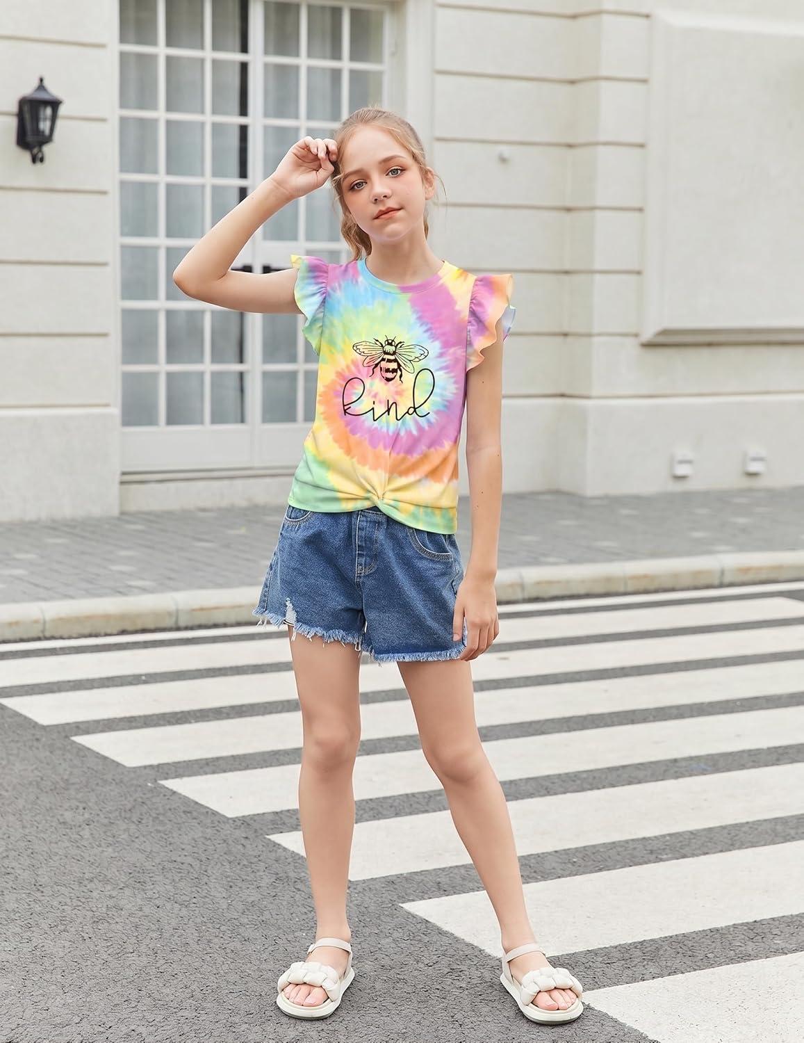image:imageArshiner Girls Shirt ShortSleeve Twist Front TShirt for Girls with Cute Flying Sleeves Summer Blouse Tunic Tee TopsTie Dye Bee