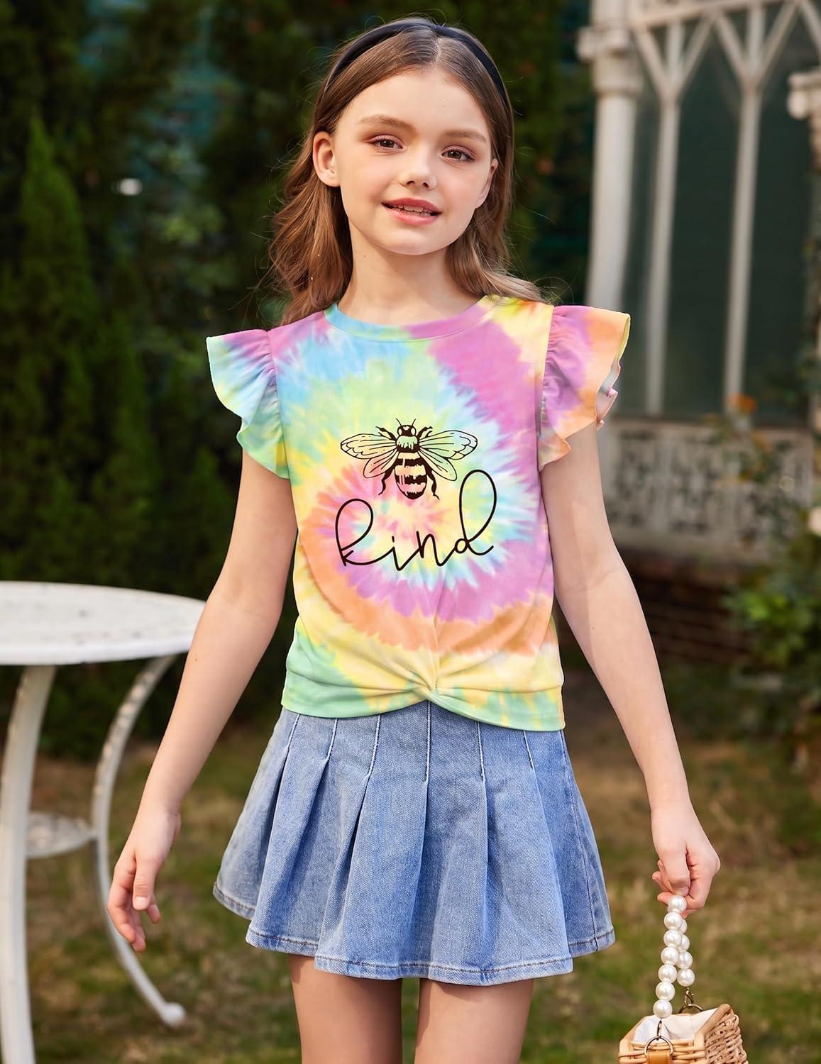 image:imageArshiner Girls Shirt ShortSleeve Twist Front TShirt for Girls with Cute Flying Sleeves Summer Blouse Tunic Tee TopsTie Dye Bee