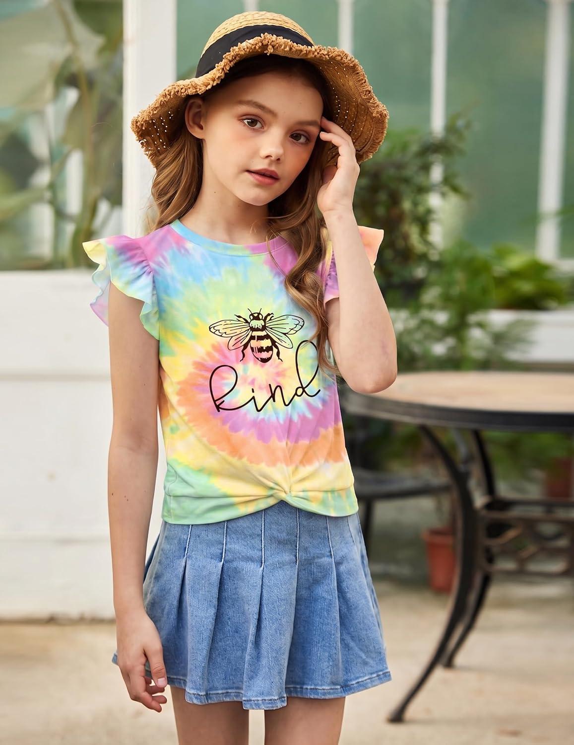 image:imageArshiner Girls Shirt ShortSleeve Twist Front TShirt for Girls with Cute Flying Sleeves Summer Blouse Tunic Tee TopsTie Dye Bee