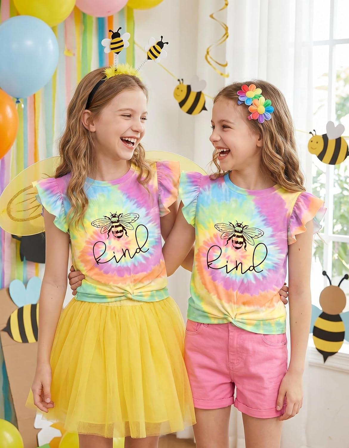 image:imageArshiner Girls Shirt ShortSleeve Twist Front TShirt for Girls with Cute Flying Sleeves Summer Blouse Tunic Tee TopsTie Dye Bee