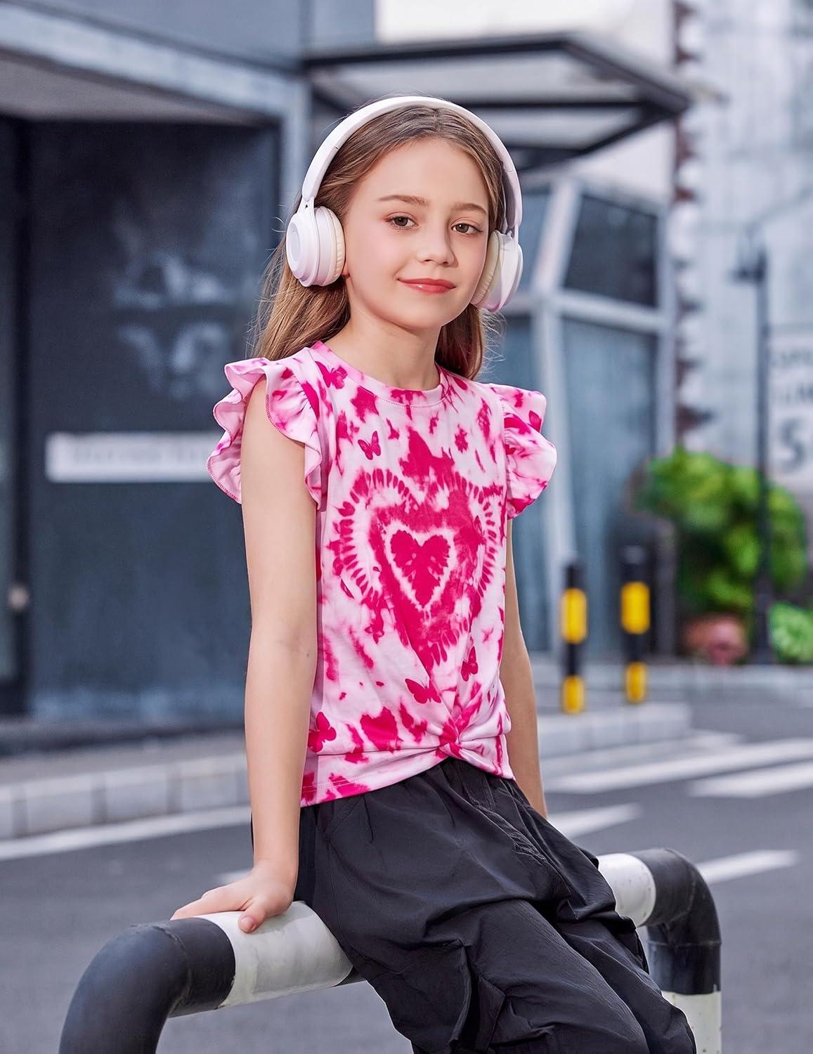 image:imageArshiner Girls Shirt ShortSleeve Twist Front TShirt for Girls with Cute Flying Sleeves Summer Blouse Tunic Tee TopsTie Dye Heart
