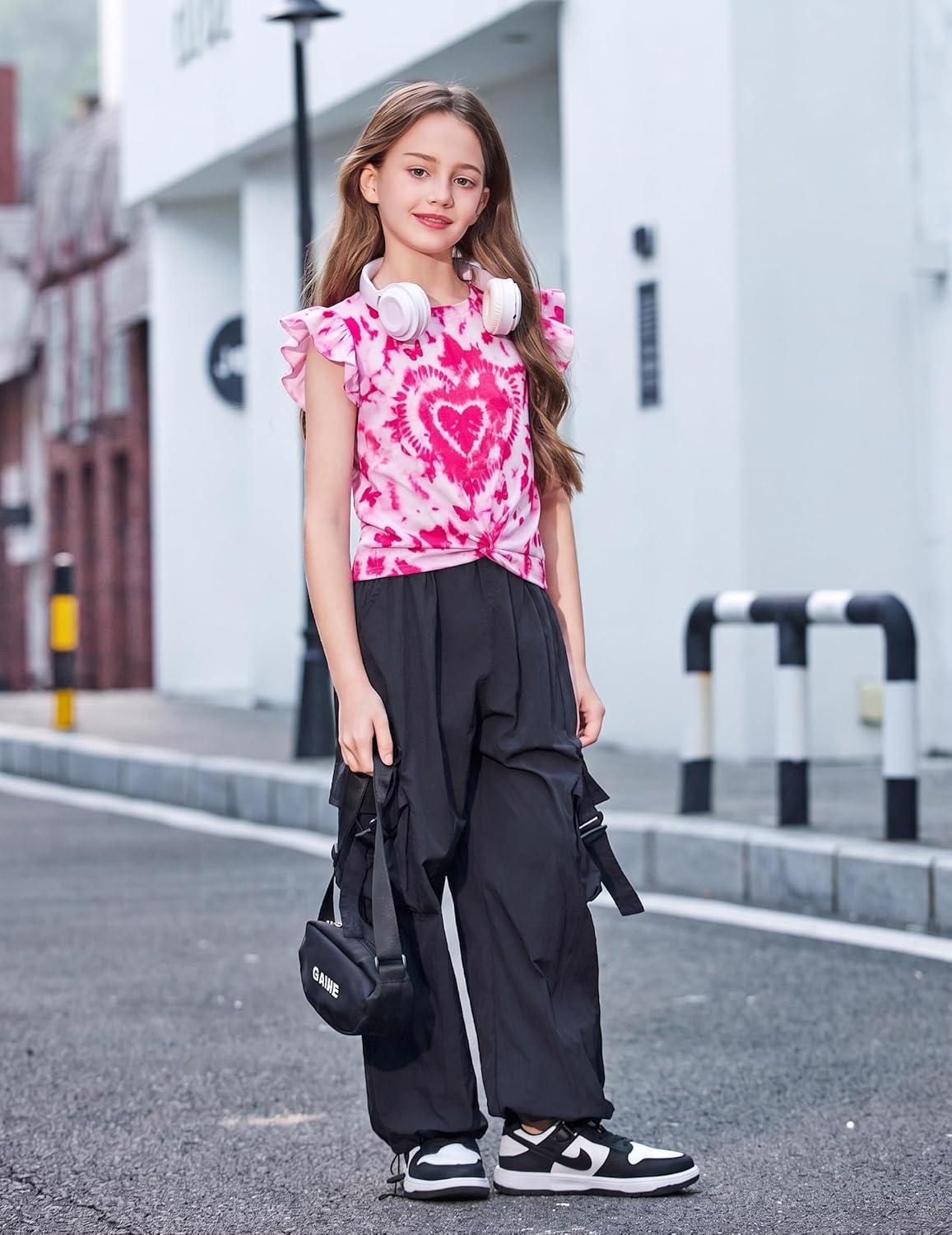 image:imageArshiner Girls Shirt ShortSleeve Twist Front TShirt for Girls with Cute Flying Sleeves Summer Blouse Tunic Tee TopsTie Dye Heart