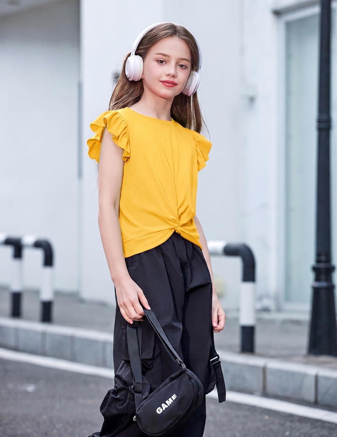 image:imageArshiner Girls Shirt ShortSleeve Twist Front TShirt for Girls with Cute Flying Sleeves Summer Blouse Tunic Tee TopsYellow