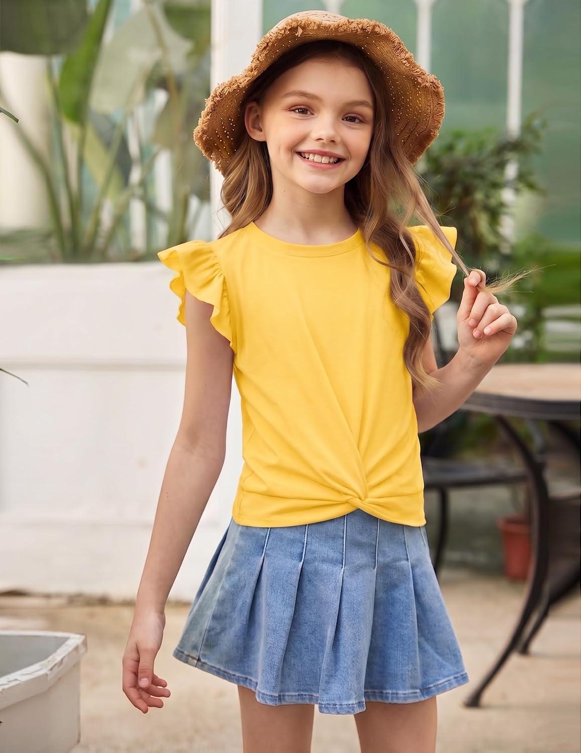 image:imageArshiner Girls Shirt ShortSleeve Twist Front TShirt for Girls with Cute Flying Sleeves Summer Blouse Tunic Tee TopsYellow