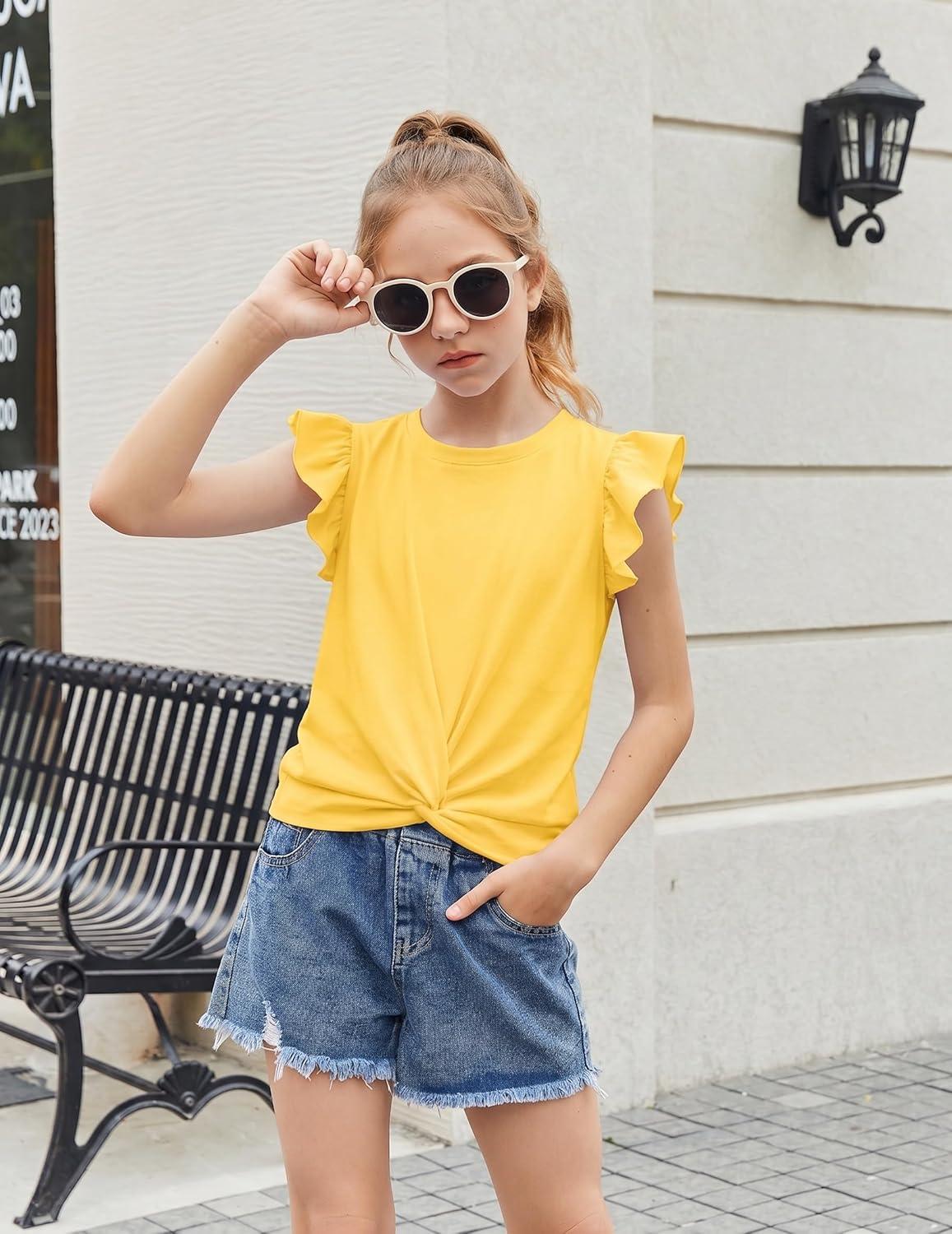 image:imageArshiner Girls Shirt ShortSleeve Twist Front TShirt for Girls with Cute Flying Sleeves Summer Blouse Tunic Tee TopsYellow