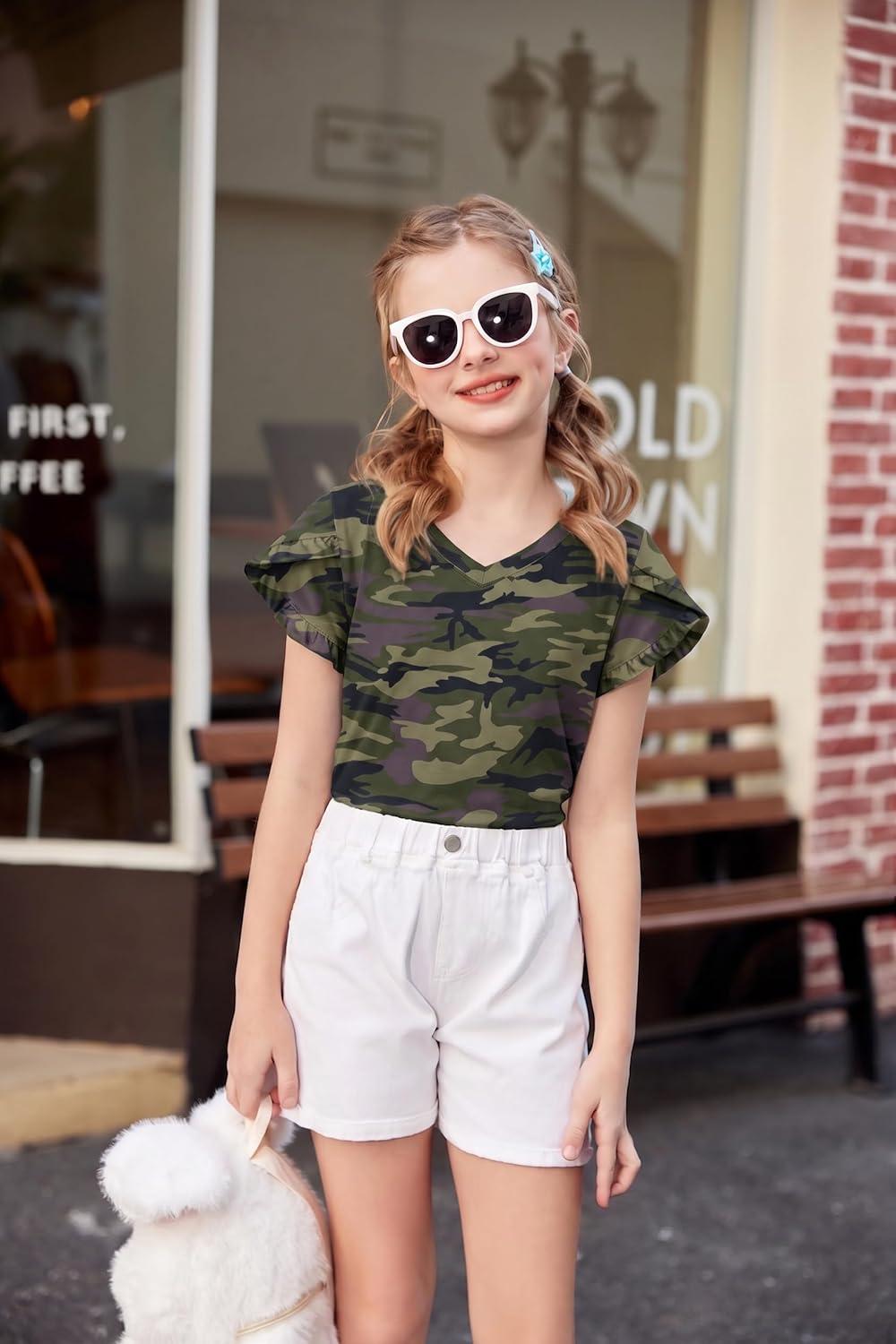 image:imageArshiner Girls T Shirts Double Layer Ruffle Short Sleeve Casual V Neck Kids Summer Tops Blouse TeeCamo