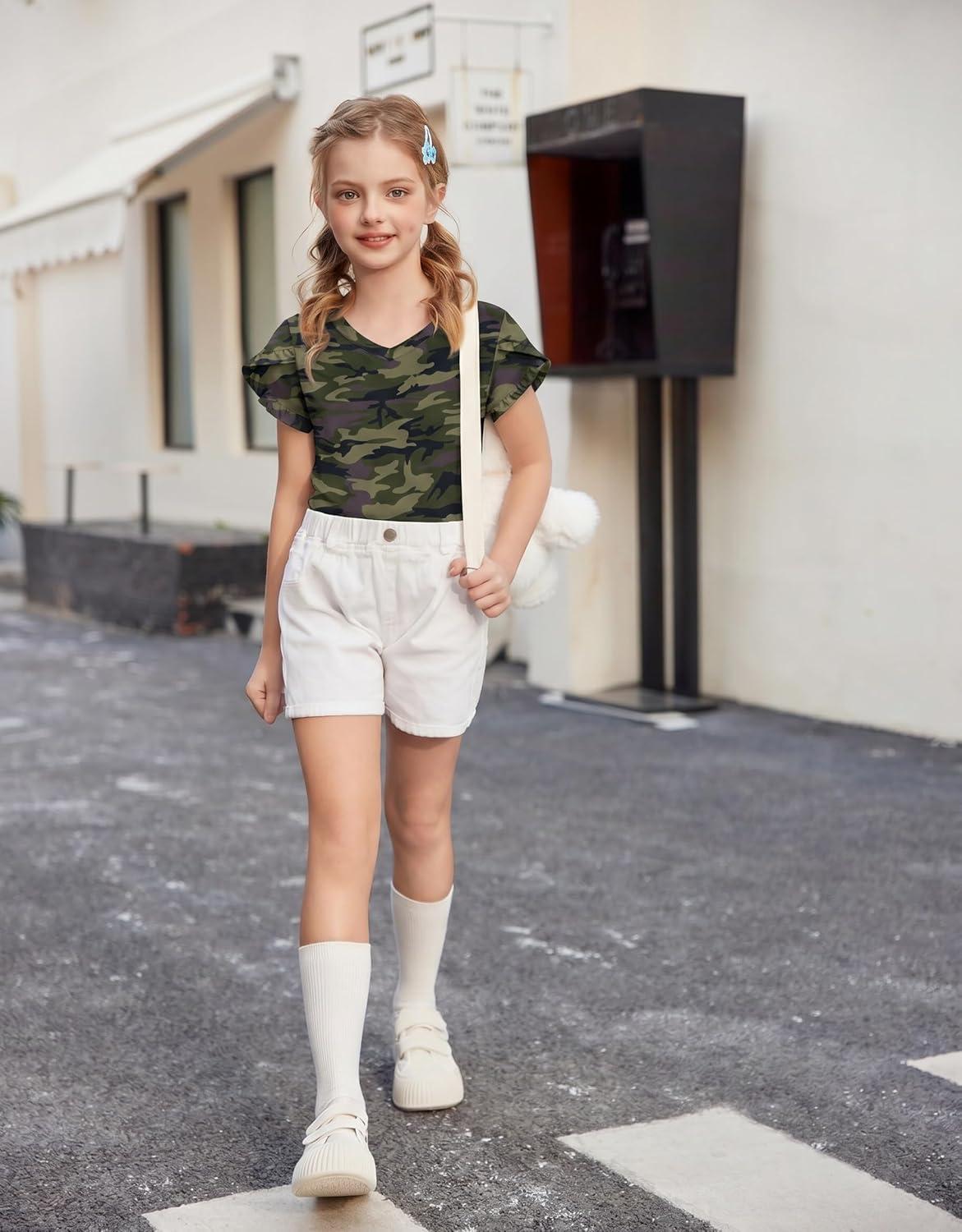 image:imageArshiner Girls T Shirts Double Layer Ruffle Short Sleeve Casual V Neck Kids Summer Tops Blouse TeeCamo
