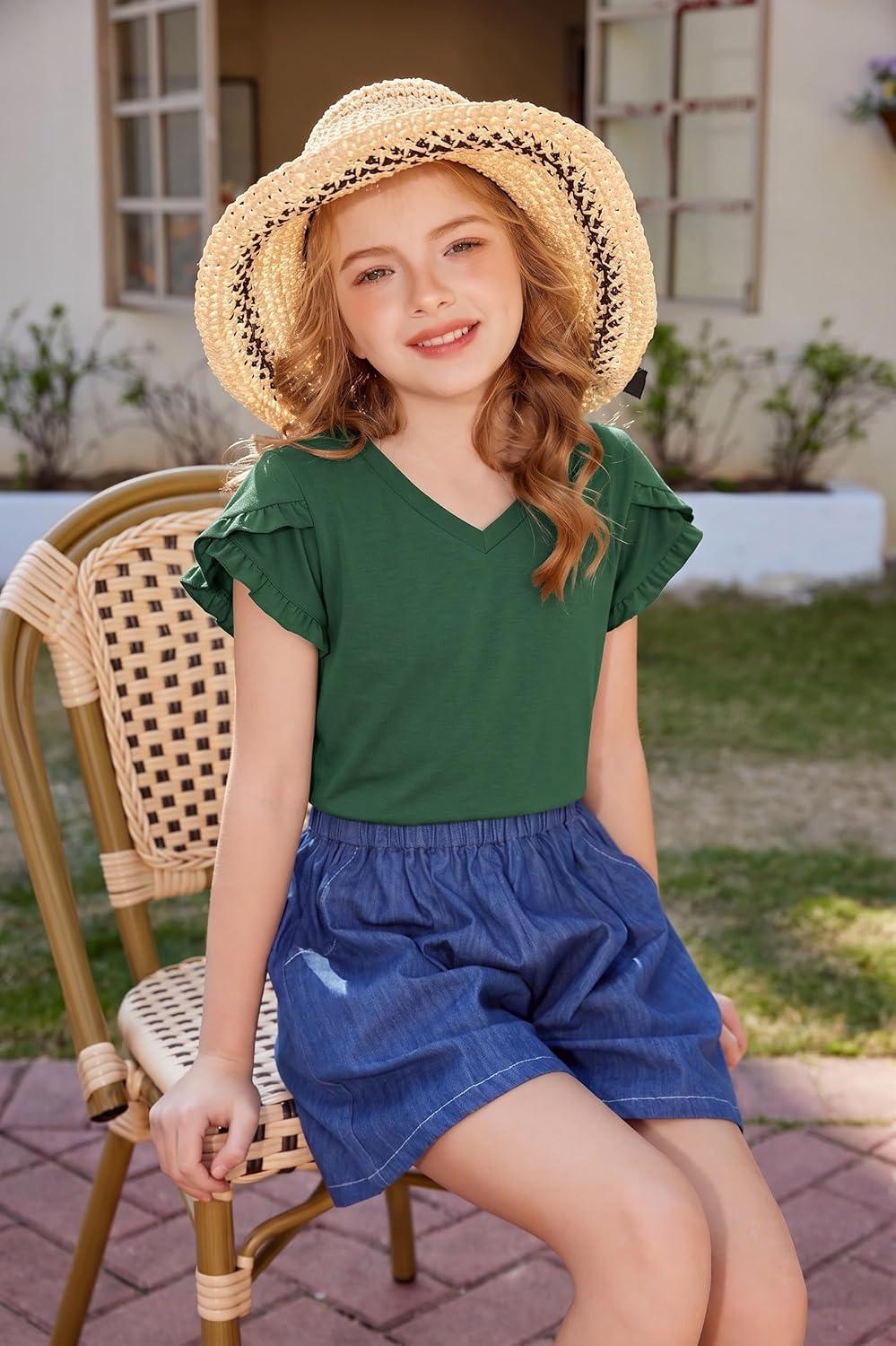 image:imageArshiner Girls T Shirts Double Layer Ruffle Short Sleeve Casual V Neck Kids Summer Tops Blouse TeeForest Green