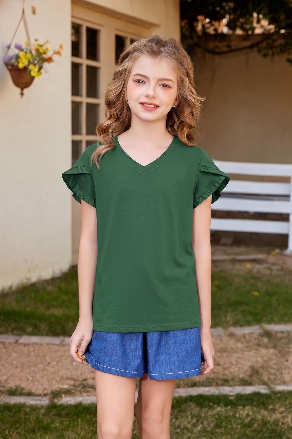 image:imageArshiner Girls T Shirts Double Layer Ruffle Short Sleeve Casual V Neck Kids Summer Tops Blouse TeeForest Green
