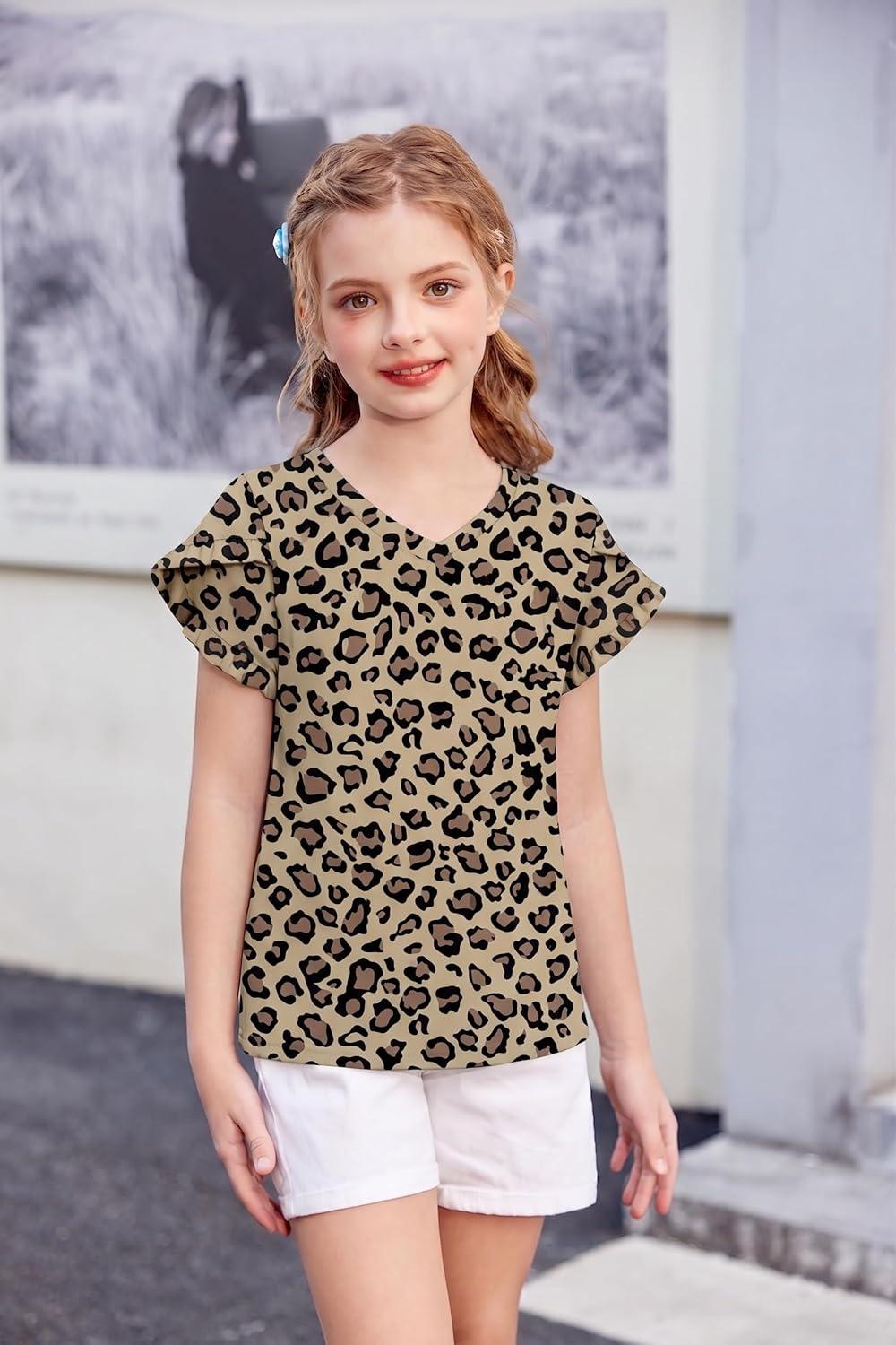 image:imageArshiner Girls T Shirts Double Layer Ruffle Short Sleeve Casual V Neck Kids Summer Tops Blouse TeeLeopard Print