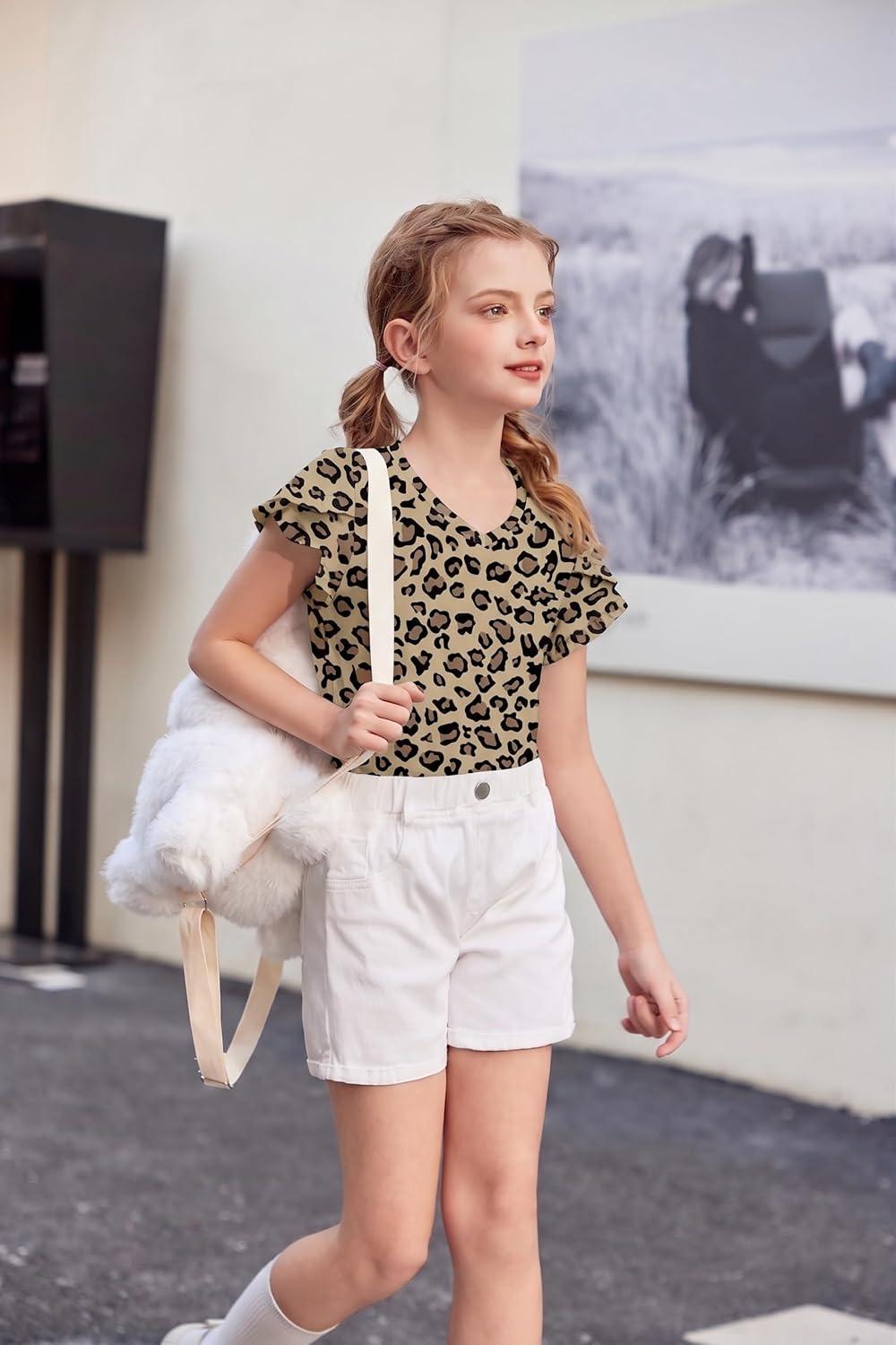 image:imageArshiner Girls T Shirts Double Layer Ruffle Short Sleeve Casual V Neck Kids Summer Tops Blouse TeeLeopard Print