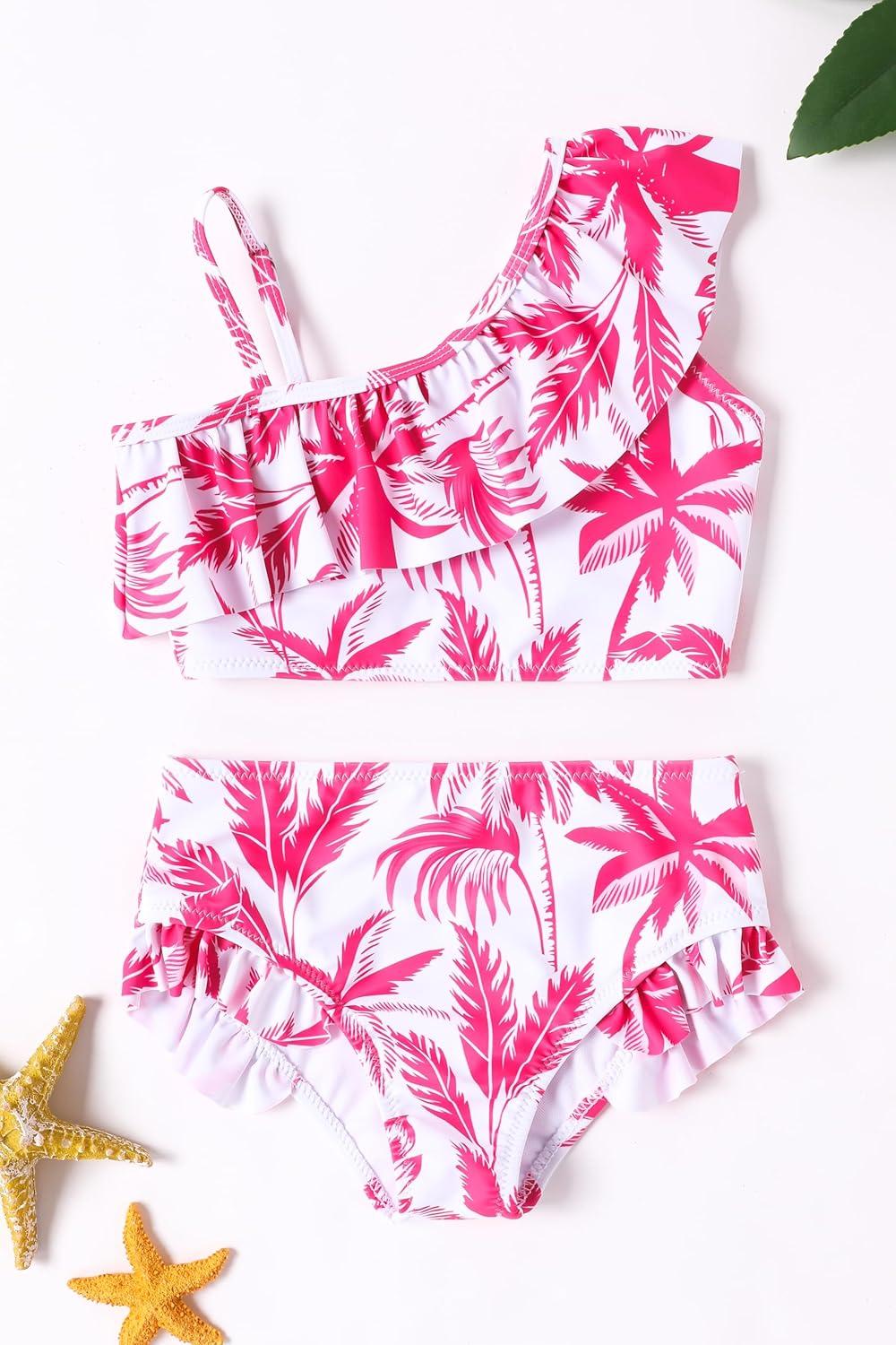 image:imageArshiner Girls Two Piece Swimsuit Ruffles Flounce Printed Bikini Set Swimwear Girl Bathing Suits with Chest PadDeep Pink Tree