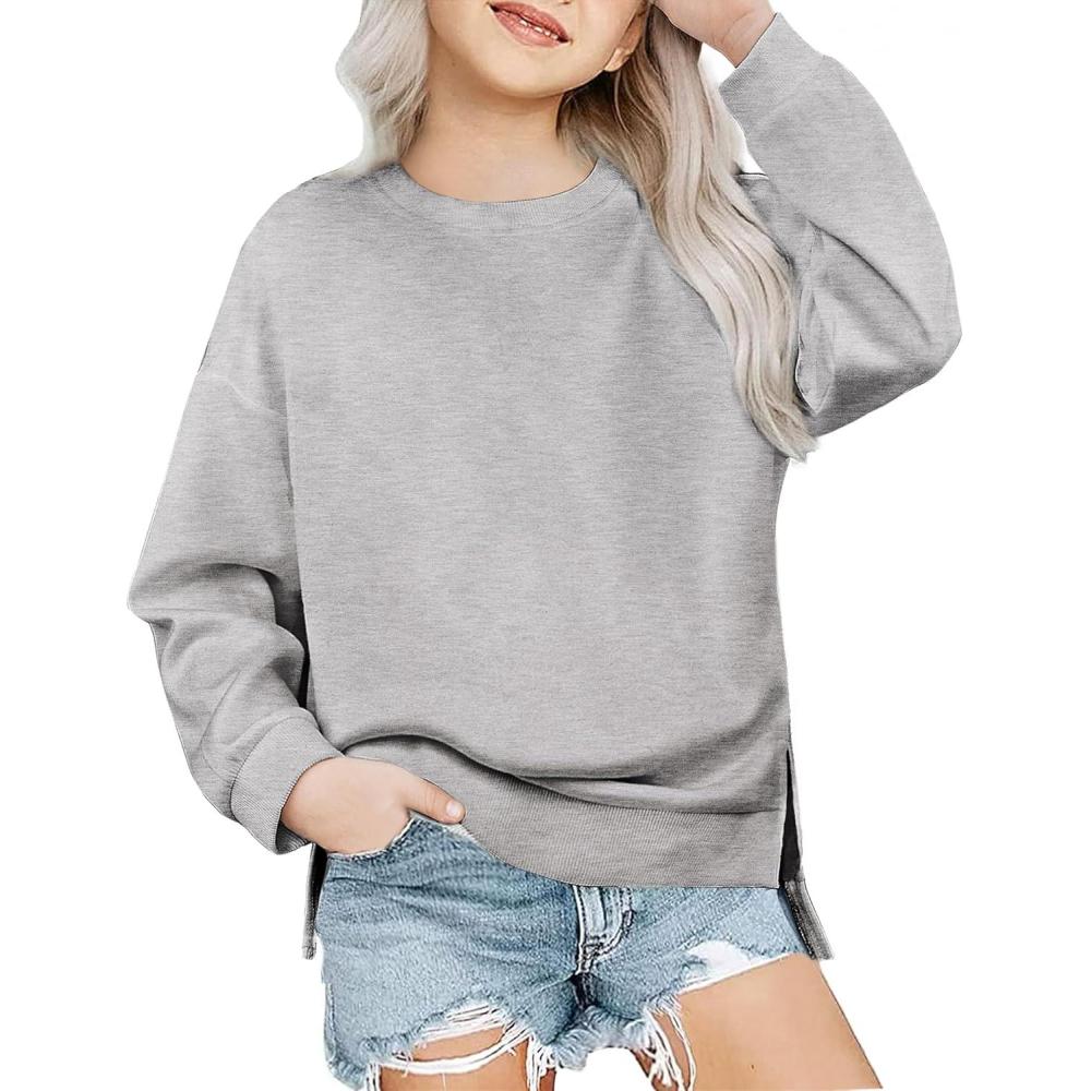 image:imageArshiner Girls Crewneck Sweatshirt Long Sleeve Pullover Tops Drop Shoulder Sweatshirts Side SplitGrey