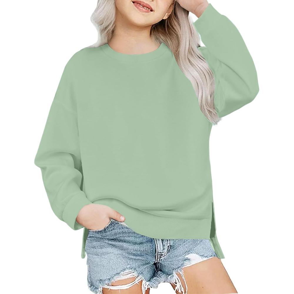 image:imageArshiner Girls Crewneck Sweatshirt Long Sleeve Pullover Tops Drop Shoulder Sweatshirts Side SplitLight Green