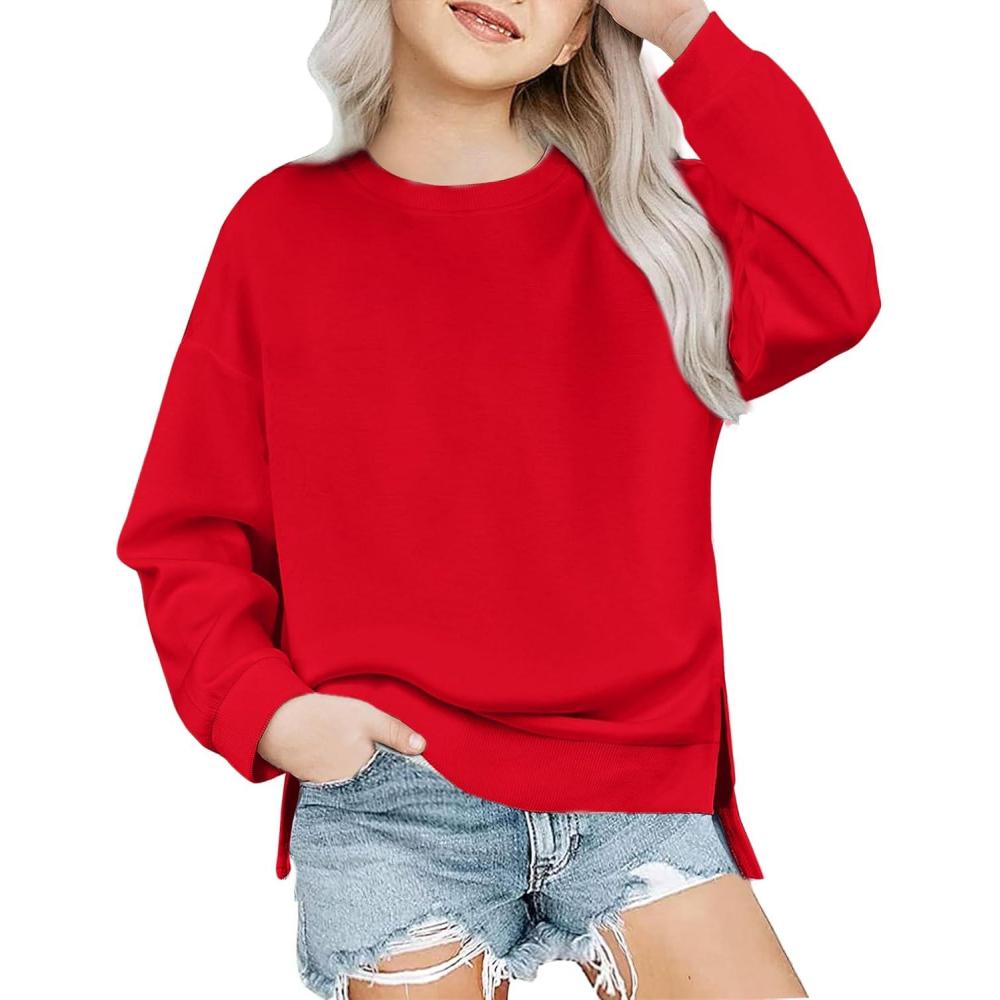 image:imageArshiner Girls Crewneck Sweatshirt Long Sleeve Pullover Tops Drop Shoulder Sweatshirts Side SplitRed