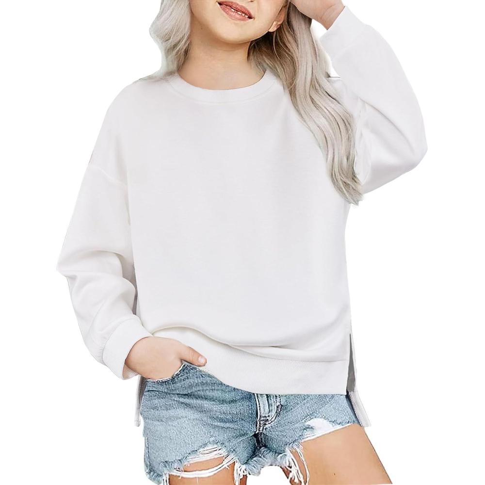 image:imageArshiner Girls Crewneck Sweatshirt Long Sleeve Pullover Tops Drop Shoulder Sweatshirts Side SplitWhite
