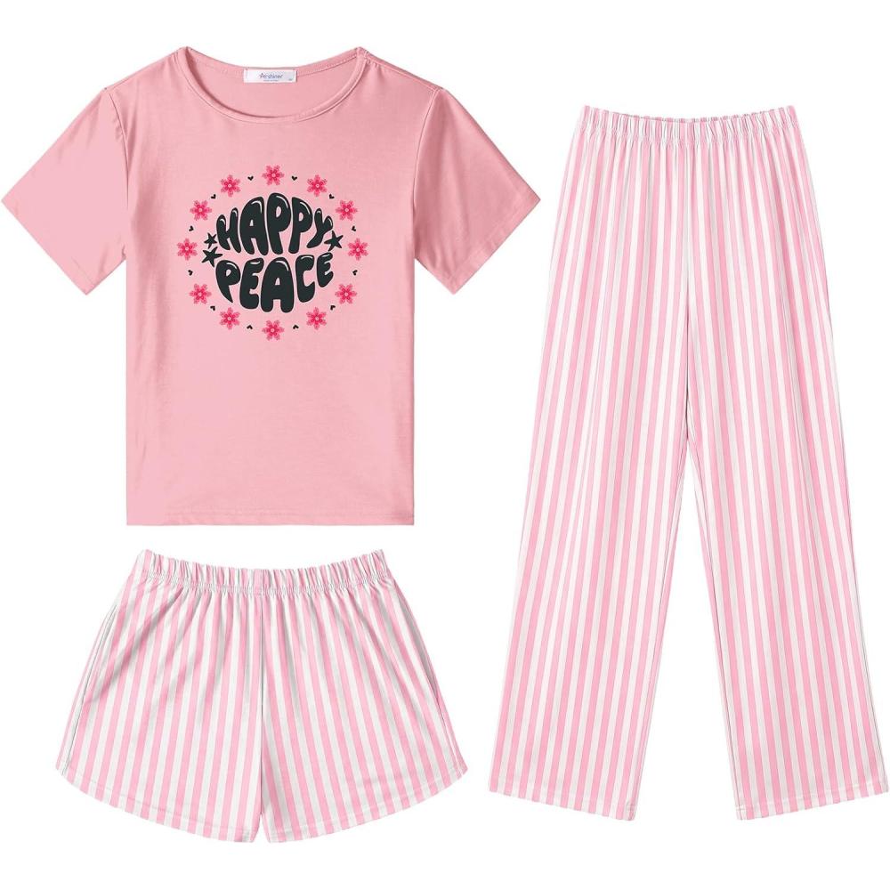 image:imageArshiner Girls Pajama Set 3 Piece Short Sleeve Sleepwear Summer Soft Cute Pjs OutfitsLetter Stripes