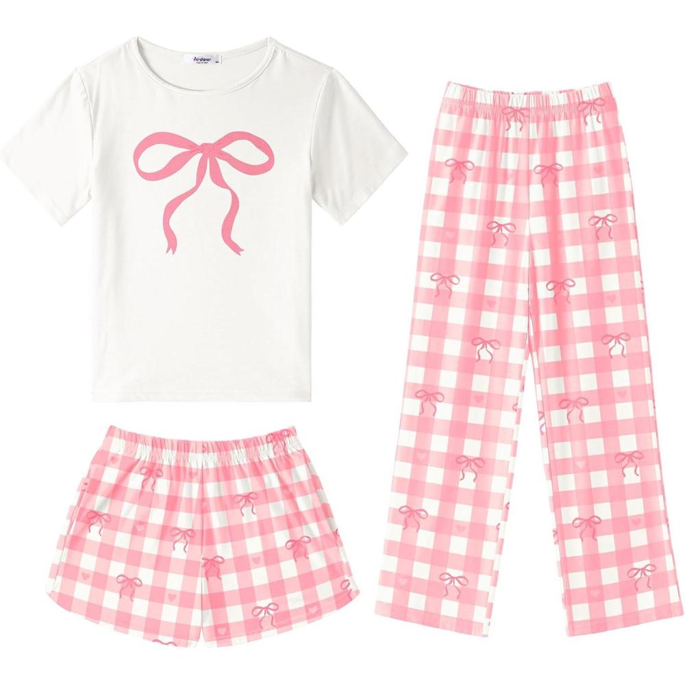 image:imageArshiner Girls Pajama Set 3 Piece Short Sleeve Sleepwear Summer Soft Cute Pjs OutfitsPink Bow Plaid