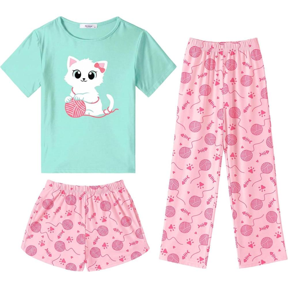 image:imageArshiner Girls Pajama Set 3 Piece Short Sleeve Sleepwear Summer Soft Cute Pjs OutfitsYarn Ball Cat
