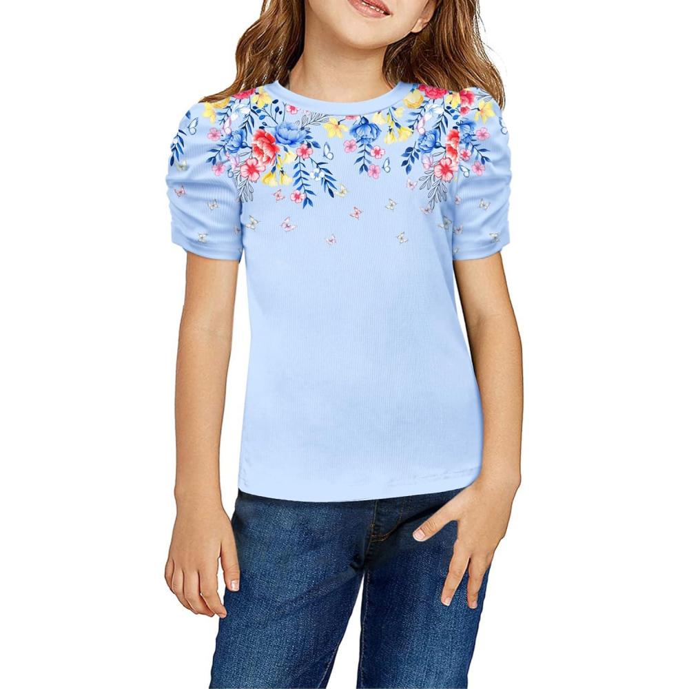 image:imageArshiner Girls Puff Short Sleeve Shirts Summer Ribbed Knit Crewneck T Shirt Tops Tee BlouseFloral Blue