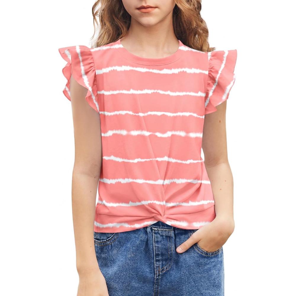 image:imageArshiner Girls Shirt ShortSleeve Twist Front TShirt for Girls with Cute Flying Sleeves Summer Blouse Tunic Tee TopsStripepinkwhite