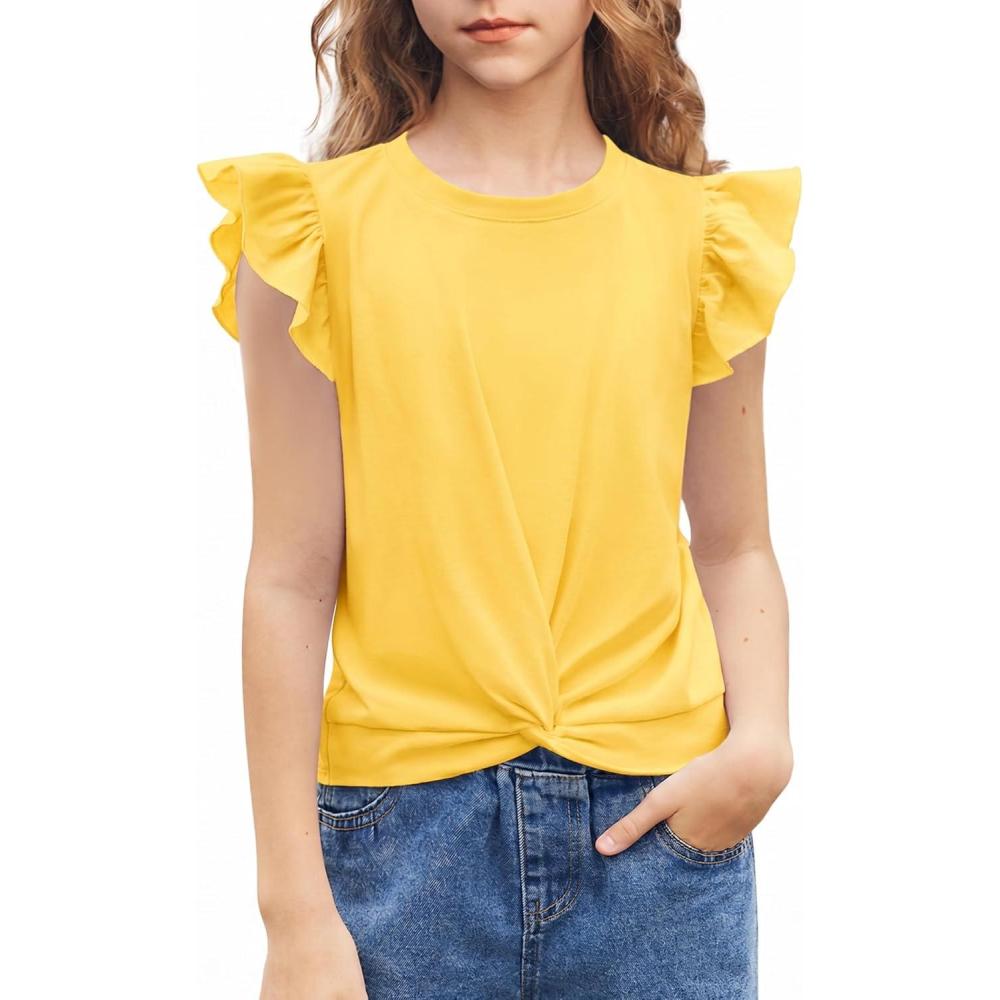 image:imageArshiner Girls Shirt ShortSleeve Twist Front TShirt for Girls with Cute Flying Sleeves Summer Blouse Tunic Tee TopsYellow