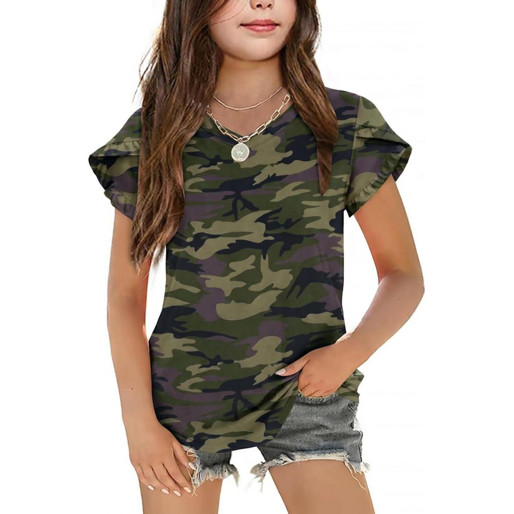 image:imageArshiner Girls T Shirts Double Layer Ruffle Short Sleeve Casual V Neck Kids Summer Tops Blouse TeeCamo