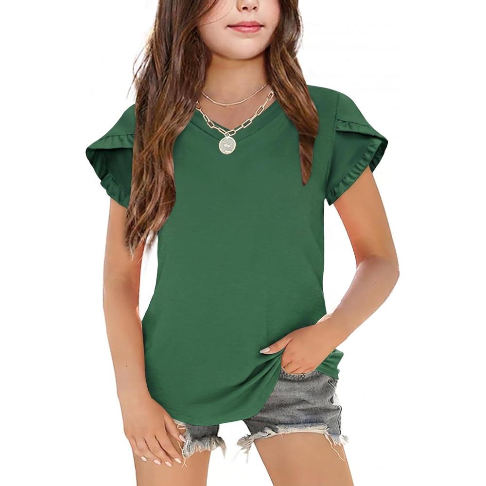 image:imageArshiner Girls T Shirts Double Layer Ruffle Short Sleeve Casual V Neck Kids Summer Tops Blouse TeeForest Green