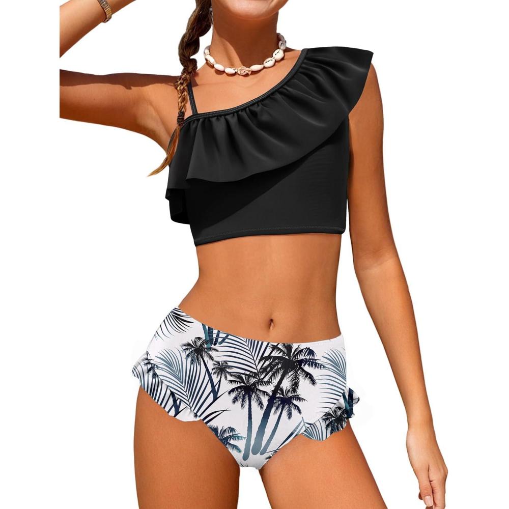image:imageArshiner Girls Two Piece Swimsuit Ruffles Flounce Printed Bikini Set Swimwear Girl Bathing Suits with Chest PadBlack