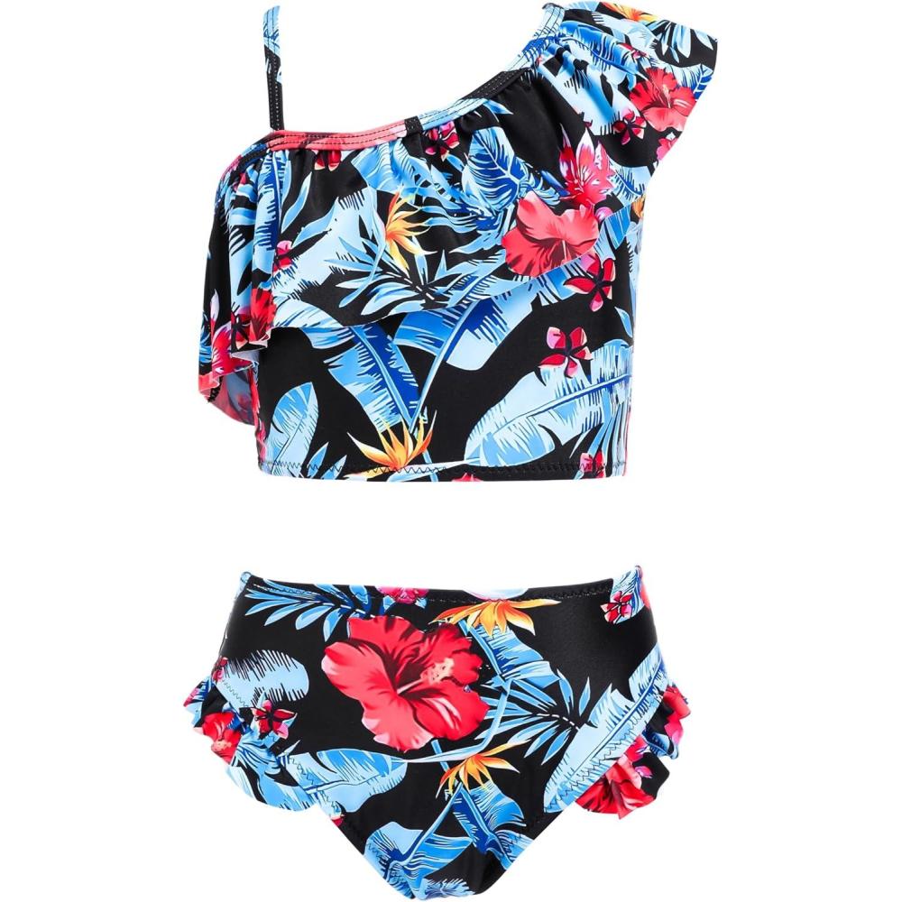 image:imageArshiner Girls Two Piece Swimsuit Ruffles Flounce Printed Bikini Set Swimwear Girl Bathing Suits with Chest PadBright Blue  Leaf