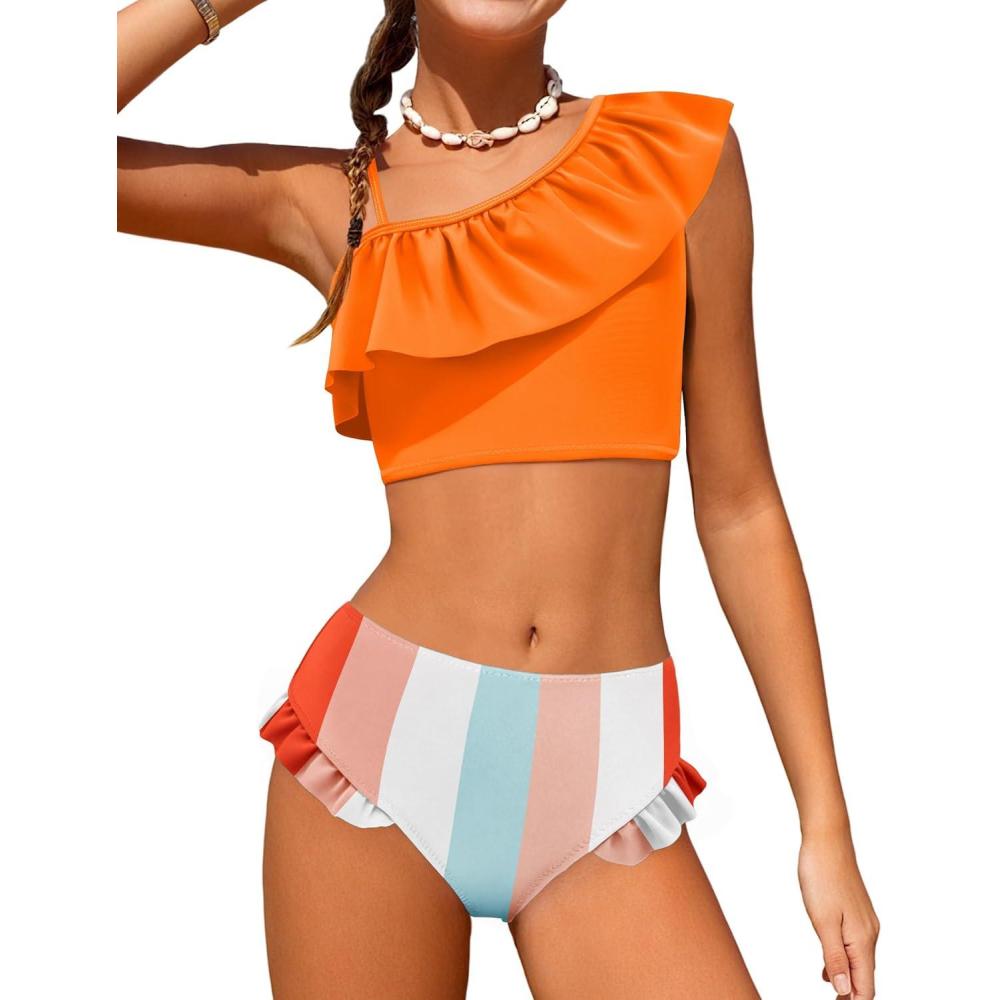 image:imageArshiner Girls Two Piece Swimsuit Ruffles Flounce Printed Bikini Set Swimwear Girl Bathing Suits with Chest PadOrange