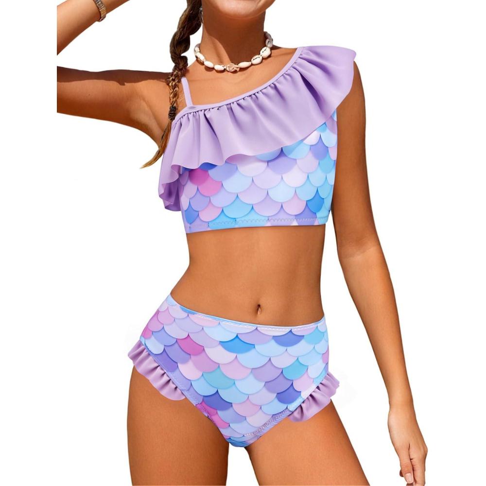 image:imageArshiner Girls Two Piece Swimsuit Ruffles Flounce Printed Bikini Set Swimwear Girl Bathing Suits with Chest PadOrchid  Fish Scale