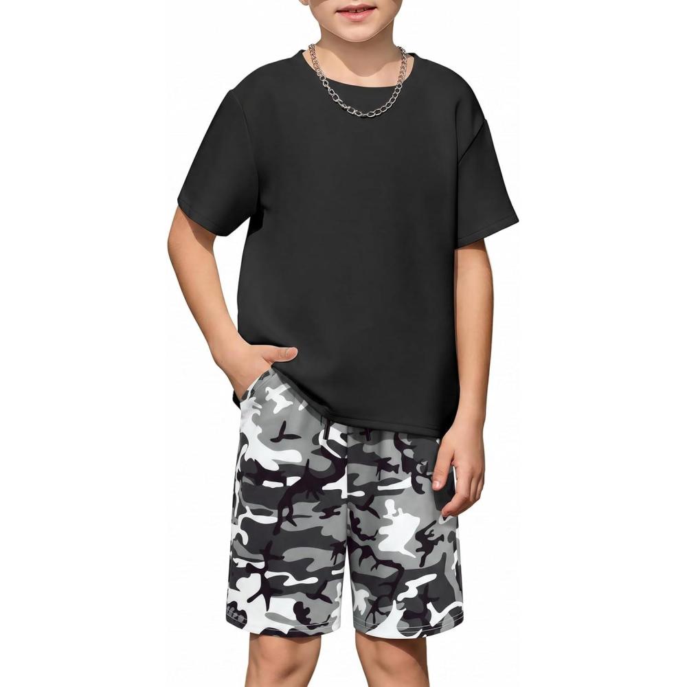 image:imageArshiner Kids Boy Drop Shoulder Tee amp Drawstring Waist Shorts With Chain NecklaceBlack  Black Camo