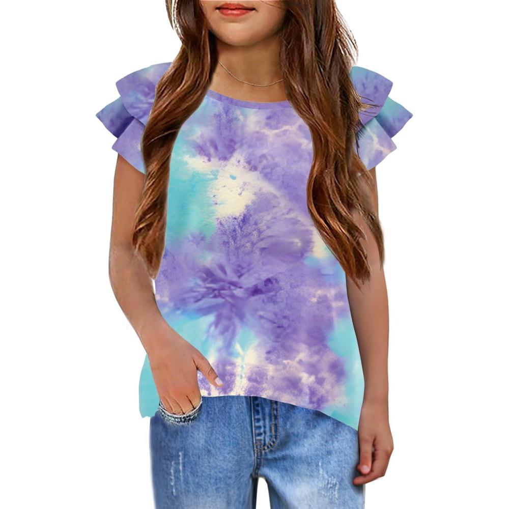 image:imageGirls T Shirts Ruffle Short Sleeve Round Neck Loose Blouse Summer Solid Color Casual Girl Tee Tops for 312 YearsBlue Tiedye