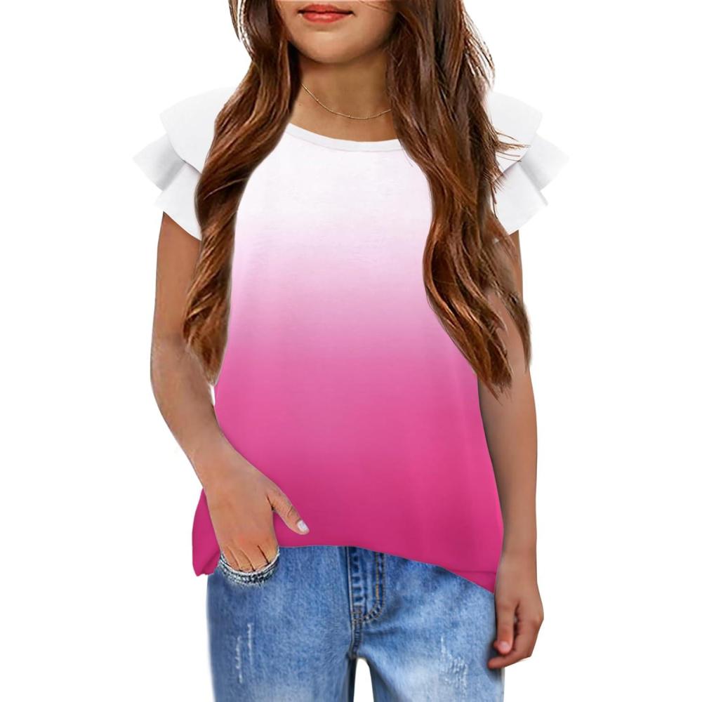 image:imageGirls T Shirts Ruffle Short Sleeve Round Neck Loose Blouse Summer Solid Color Casual Girl Tee Tops for 312 YearsGradient Pink