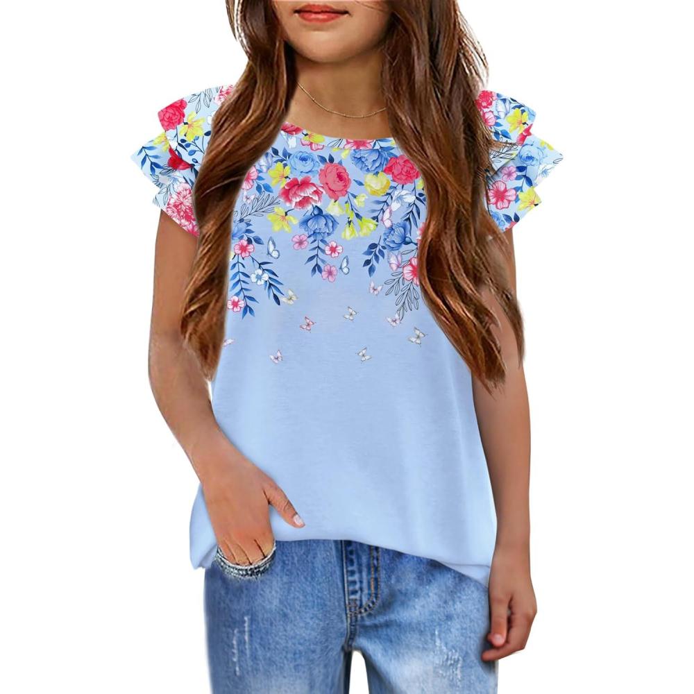 image:imageGirls T Shirts Ruffle Short Sleeve Round Neck Loose Blouse Summer Solid Color Casual Girl Tee Tops for 312 YearsMulti FlowersButterfly