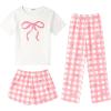 Arshiner Girls Pajama Set 3 Piece Short Sleeve Sleepwear Summer Soft Cute Pjs Outfits(Pink Bow Plaid)