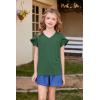 Arshiner Girls T Shirts Double Layer Ruffle Short Sleeve Casual V Neck Kids Summer Tops Blouse Tee(Forest Green)