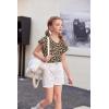 Arshiner Girls T Shirts Double Layer Ruffle Short Sleeve Casual V Neck Kids Summer Tops Blouse Tee(Leopard Print)