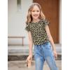 Girls T Shirts Ruffle Short Sleeve Round Neck Loose Blouse Summer Solid Color Casual Girl Tee Tops for 3-12 Years(Leopard Print)