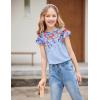 Girls T Shirts Ruffle Short Sleeve Round Neck Loose Blouse Summer Solid Color Casual Girl Tee Tops for 3-12 Years(Multi Flowers/Butterfly)