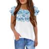 Girls T Shirts Ruffle Short Sleeve Round Neck Loose Blouse Summer Solid Color Casual Girl Tee Tops for 3-12 Years(Blue Flowers)