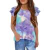 Girls T Shirts Ruffle Short Sleeve Round Neck Loose Blouse Summer Solid Color Casual Girl Tee Tops for 3-12 Years(Blue Tie-dye)