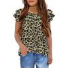 Girls T Shirts Ruffle Short Sleeve Round Neck Loose Blouse Summer Solid Color Casual Girl Tee Tops for 3-12 Years(Leopard Print)